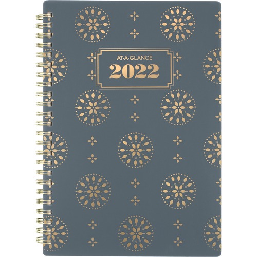 AT-A-Glance® Badge Medallion Collection Planners - Weekly, Monthly - 12 Month - January 2022 till December 2022 - 1 Week, 1 Month Double Page Layout - Twin Wire - Black - Gold - Notes Area, Planner Page, Holiday Listing, Note Page, Top Priorities Sect