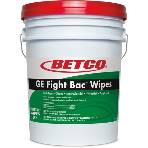 Betco GE Fight Bac Disinfectant Wipes - 7" Length x 11" Width - Non-irritating, Disinfectant - White - 1500Tub - 1 Each