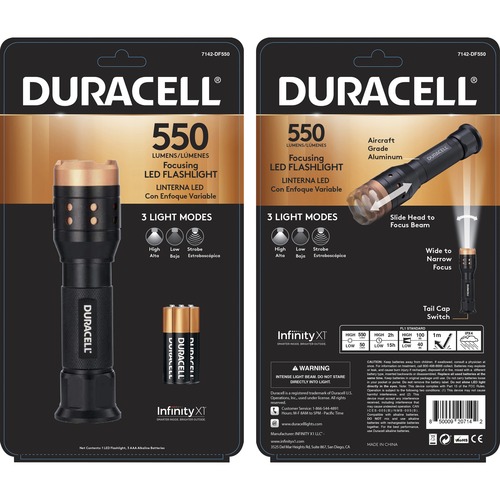 Duracell Aluminum Focusing LED Flashlight - LED - 550 lm Lumen - 3 x AAA - Aircraft Aluminum - Water Proof, Impact Resistant - Black - 1 Each
