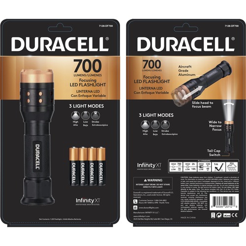 Duracell Aluminum Focusing LED Flashlight - LED - 700 lm Lumen - 4 x AAA - Aircraft Aluminum - Water Proof, Impact Resistant - Black - 1 Each