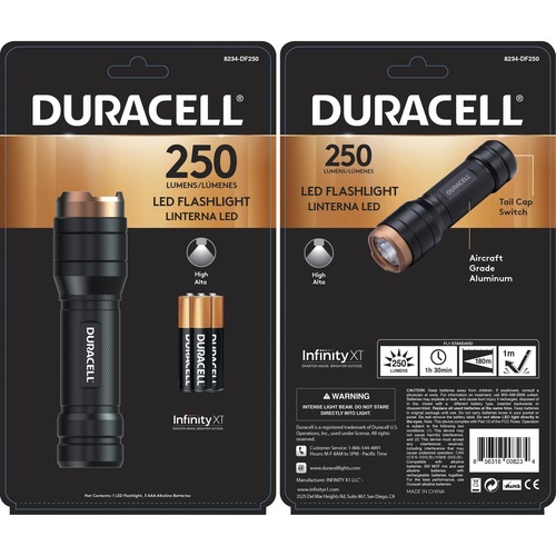 Duracell Aluminum LED Flashlight - LED - 250 lm Lumen - 3 x AAA - Aircraft Aluminum - Water Proof, Impact Resistant - Black - 1 Each