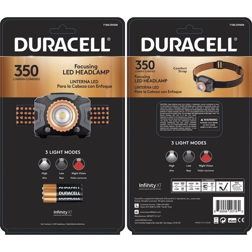 Duracell Focusing Beam LED Headlamp - LED - 350 lm Lumen - 3 x AAA - Water Proof, Impact Resistant - Black - 1 Each
