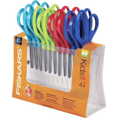 Fiskars 5" Pointed-tip Kids Scissors - 5" Overall LengthSafety Edge Blade - Pointed Tip - Red, Blue, Turquoise, Green - 12 / Pack