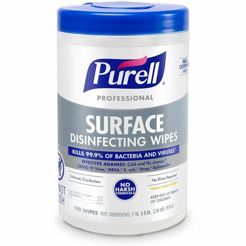 PURELL® Professional Surface Disinfecting Wipes - Ready-To-Use - Fresh Citrus Scent - 8" Length x 7" Width - 110 / Canister - 1 Each - Disinfectant, Odor-free, Rinse-free, Durable, Chemical-free