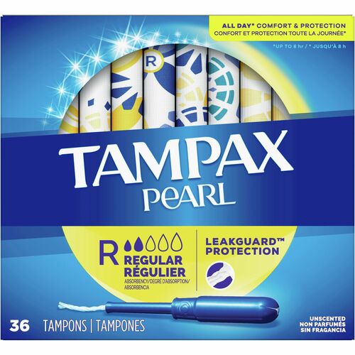 Tampax Pearl Regular Tampons - Plastic Applicator - 36/Box - 12 / Carton - Anti-leak, Comfortable, Unscented