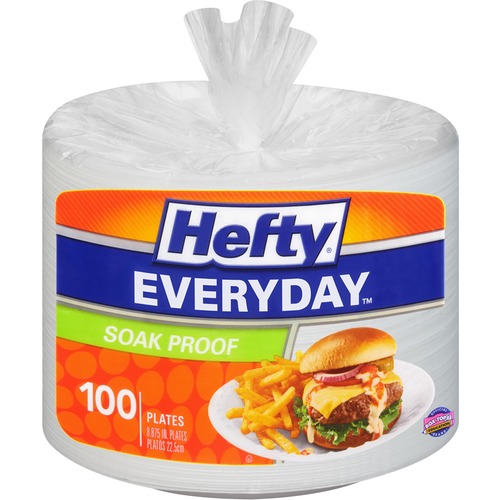 Hefty Everyday 8-7/8" Soak Proof Foam Plates - Disposable - 8.9" Diameter - White - Foam Body - 100 / Pack