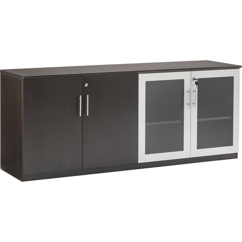 Safco Medina Mocha Laminate Office Unit - 1" Work Surface, 72" x 20"29.5" Return, 0" Table Top, 17.9"1" x 26.4" Door - 4 Door(s) - 4 Shelve(s) - 4 Adjustable Shelf(ves) - Beveled Edge - Material: Medium Density Fiberboard (MDF) - Finish: Mocha Laminate - 