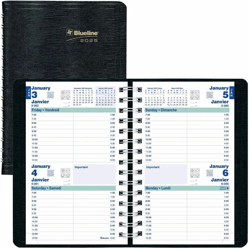 Blueline Blueline Two-Day Planner - Daily - January 2024 - December 2024 - 7:00 AM to 6:30 PM, Half-hourly - 2 Day Single Page Layout - Twin Wire - Black - Bilingual, Soft Cover, Note Page, Address Section, Telephone Section - 1 Each