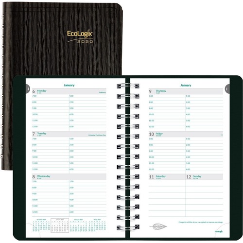 Brownline EcoLogix Weekly Planner 2022, Black - Weekly - 12 Month - December 2020 - January 2023 - 7:00 AM to 6:00 PM - Monday - Friday, Saturday, Sunday - 1 Week Double Page Layout - Twin Wire - Black - Paper - 8" Height x 5" Width - Appointment Schedule