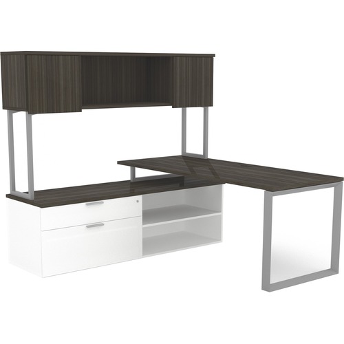 HDL Levels Series L-Shaped Tiered Workstation - 0.1" Edge, 71" x 71" x 29" - Band Edge - Material: Laminate, Aluminum Handle - Finish: Gray Dusk, Pure White