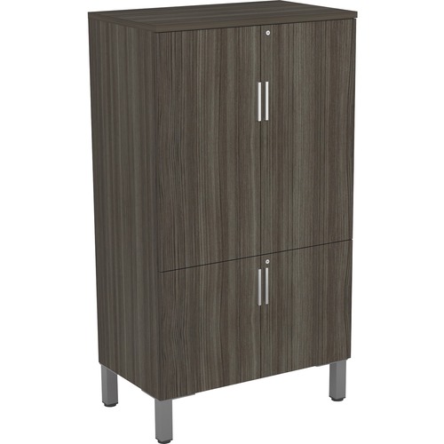 Heartwood Levels Series Cabinet Storage with Riser Feet - 7"Feet, 35.5" x 21.8" x 64.5"Cabinet, 0.1" Edge - Drawer(s)4 Door(s) - 3 Shelve(s) - Material: Metal Feet, Thermofused Laminate (TFL), Laminate Door - Finish: Black Walnut, Black Bar