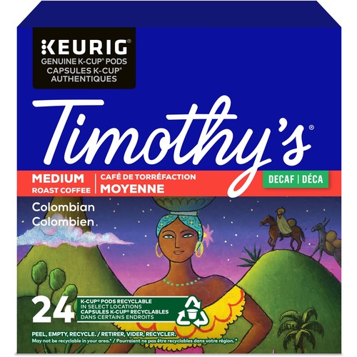 Timothy's K-Cup Colombian Decaf Medium Roast Coffee - Compatible with Keurig K-Cup Brewer - Medium - Per Pod - 24 / Box
