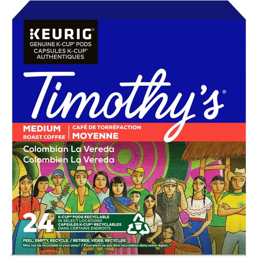 Timothy's K-Cup Colombian La Vereda Medium Roast Coffee - Medium - Colombian La Vereda, Arabica, Floral, Fruity - Kosher - 24 / Box