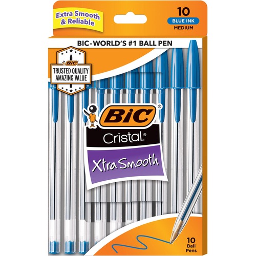 BIC Cristal Ballpoint Stick Pens - Medium Pen Point - Blue Ink - Clear Barrel - 10 / Pack