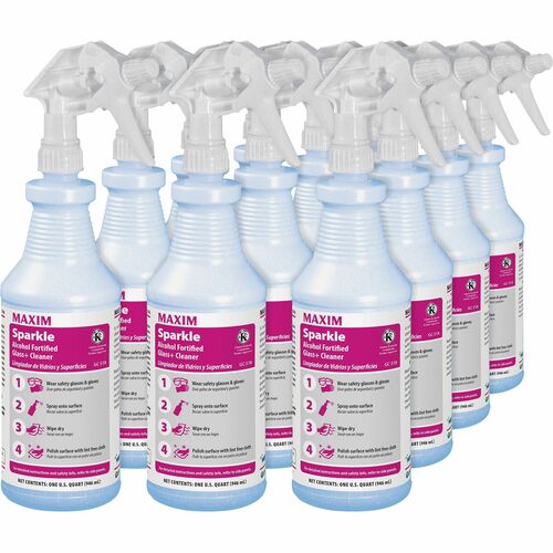 Midlab Sparkle Alcohol Fortified Glass+ Cleaner - Ready-To-Use - 32 fl oz (1 quart) - Clean Scent - 12 / Carton - Streak-free, Film-free, Strong, Quick Drying, Ammonia-free - Light Blue