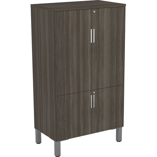 Heartwood Levels Series Cabinet Storage with Riser Feet - 7"Feet, 35.5" x 21.8" x 64.5"Cabinet, 0.1" Edge - Drawer(s)4 Door(s) - 3 Shelve(s) - Material: Metal Feet, Thermofused Laminate (TFL), Laminate Door - Finish: Gray Dusk, Silver Scoop