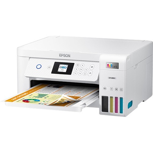 Epson EcoTank ET-2850 Wireless Inkjet Multifunction Printer-Color-White-Copier/Scanner-4800x1200 Print-Automatic Duplex Print-100 sheets Input-Color Scanner-1200 Optical Scan-Wireless LAN-Epson Connect-Apple AirPrint-Mopria Print Service-Wi-Fi Direct - Co