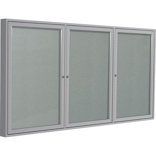 Ghent 3 Door Enclosed Vinyl Bulletin Board with Satin Frame - 48" Height x 72" Width - Silver Vinyl Surface - Weather Resistant, Water Resistant, Damage Resistant, Tackable, Lockable, Durable, Self-healing, Shatter Resistant, Customizable, Tamper Proof, F