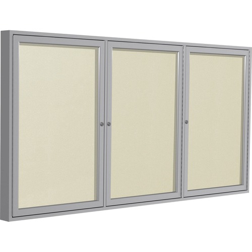 Ghent 3 Door Enclosed Vinyl Bulletin Board with Satin Frame - 48" Height x 96" Width - Ivory Vinyl Surface - Weather Resistant, Water Resistant, Damage Resistant, Tackable, Lockable, Durable, Self-healing, Shatter Resistant, Customizable, Tamper Proof, Fl