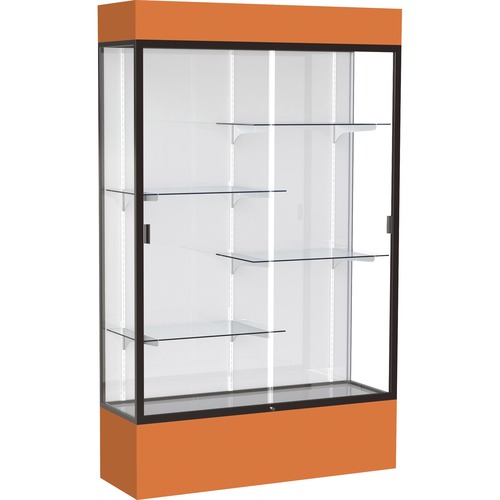 Waddell Lighted Floor Case, White Back w/ Dark Bronze Frame & Colored Base - 48" x 16" x 80" - 4 x Shelf(ves) - Sliding Door(s) - 25 lb Load Capacity - Lockable, Adjustable Shelf, Handcrafted, LED Light - Orange - TAA Compliant