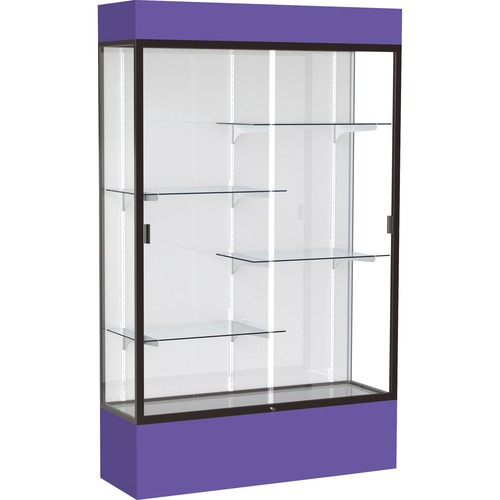 Waddell Lighted Floor Case, White Back w/ Dark Bronze Frame & Colored Base - 48" x 16" x 80" - 4 x Shelf(ves) - Sliding Door(s) - 25 lb Load Capacity - Lockable, Adjustable Shelf, Handcrafted, LED Light - Purple - TAA Compliant
