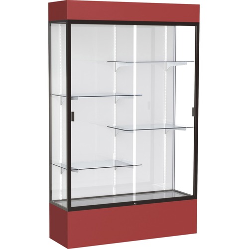 Waddell Lighted Floor Case, White Back w/ Dark Bronze Frame & Colored Base - 48" Width x 16" Depth x 80" Height - 4 x Shelf(ves) - Sliding Door(s) - 25 lb Load Capacity - Lockable, Adjustable Shelf, Handcrafted, LED Light - Red - TAA Compliant