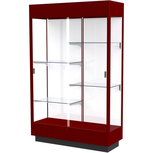 Waddell 4' Lighted Floor Case - 48" x 18" x 76" - Sliding Door(s) - Lockable, Leveler, Durable, Adjustable Shelf, Mirrored Back - Cordovan - Wooden - TAA Compliant