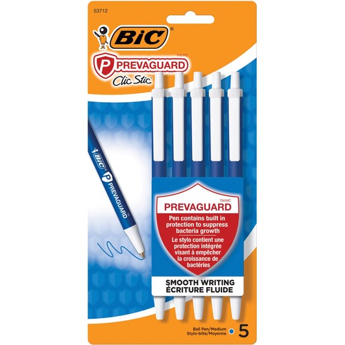 BIC PrevaGuard Clic Stic Ballpoint Pen - Medium Pen Point - Retractable - Blue - 5 / Pack