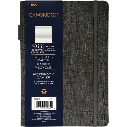 Hilroy Cambridge Notebook - 192 Pages - Ruled8.50" (215.90 mm) x 6" (152.40 mm) - Fabric Cover - Pen, Bungee Closure - Recycled