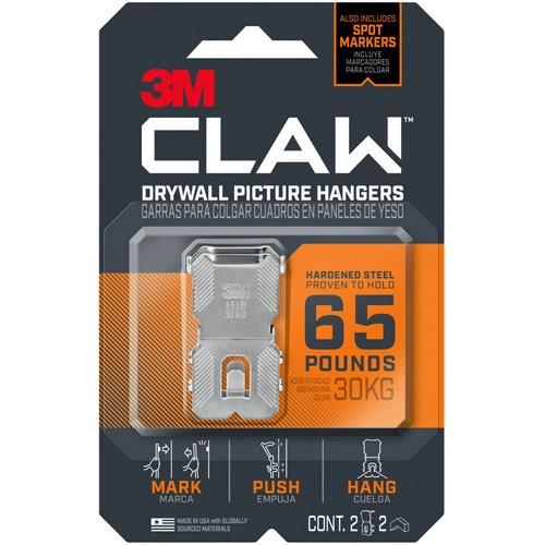 3M CLAW Drywall Picture Hanger - 65 lb (29.48 kg) Capacity - 2" Length - for Pictures, Project, Mirror, Frame, Home, Decoration - Steel - Gray - 2 / Pack