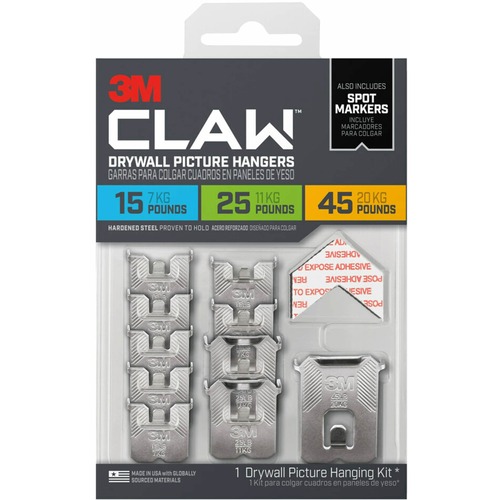 3M CLAW Drywall Picture Hanger - 45 lb (20.41 kg), 25 lb (11.34 kg), 15 lb (6.80 kg) Capacity - 1.2" Width x 2" Length - for Pictures, Project, Mirror, Frame, Home, Decoration - Steel - Gray - 10 / Pack