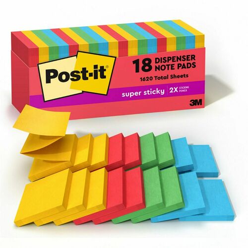 Post-it® Super Sticky Dispenser Notes - Playful Primaries Color Collection - 3" x 3" - Square - Candy Apple Red, Blue Paradise, Sunnyside, Lucky Green - Paper - Pop-up, Recyclable - 18 / Pack - Adhesive Note Pads - MMMR33018SSANCP