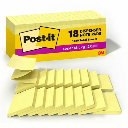 Post-it® Super Sticky Dispenser Notes - Canary Yellow - 3" x 3" - Square - Canary Yellow - Paper - Pop-up, Recyclable, Adhesive - 18 / Pack - Adhesive Note Pads - MMMR33018SSCYCP