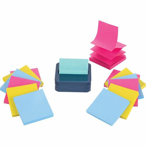 Post-it® Notes Dispenser and Dispenser Notes - 3" x 3" Note - 90 Sheet Note Capacity - Washed Denim, Citron Yellow, Power Pink