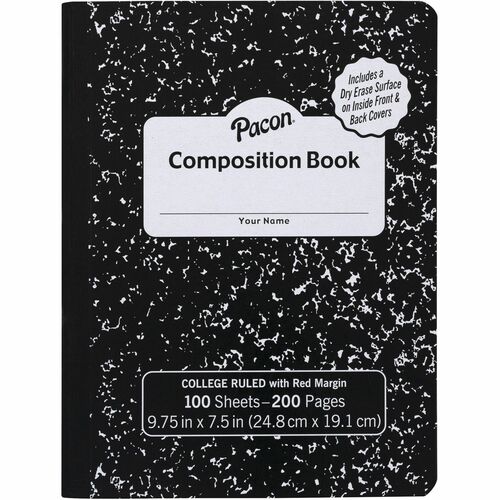 Pacon Marble Hard Cover Wide Rule Composition Book - 1 Subject(s) - 100 Sheets - 200 Pages - Wide Ruled - Red Margin - 9.75" x 7.5" x 0.4" - Black Marble Cover - Recyclable, Hard Cover, Dry Erase Surface - 1 Each