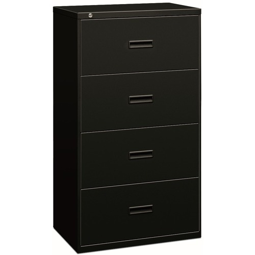 HON 400 File Cabinet - 36" x 18" x 53.3" - 4 x Drawer(s) for File - Letter, Legal - Lateral - Tamper Resistant, Compact, Sturdy, Interlocking, Welded, Removable Lock, Leveling Glide, Divider, Ball-bearing Suspension, Recessed Handle - Black