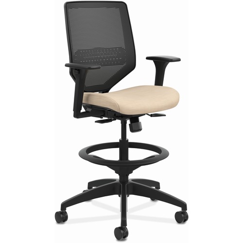 HON Solve Sitting Stool - Fabric Seat - Black Mesh Back - Black Frame - Mid Back - 5-star Base - Putty - 1 Each