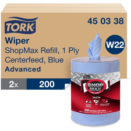 TORK ShopMax Heavy Duty Centerfeed Paper Towel Blue W22 - 1 Ply - 13.10" Length - 200 Sheets/Roll - Blue - Paper - 2 Rolls Per Container