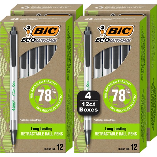 BIC Ecolutions Clic Stic Ballpoint Pen - Medium Pen Point - 1 mm Pen Point Size - Retractable - Black - Semi Clear Barrel - 48 / Pack