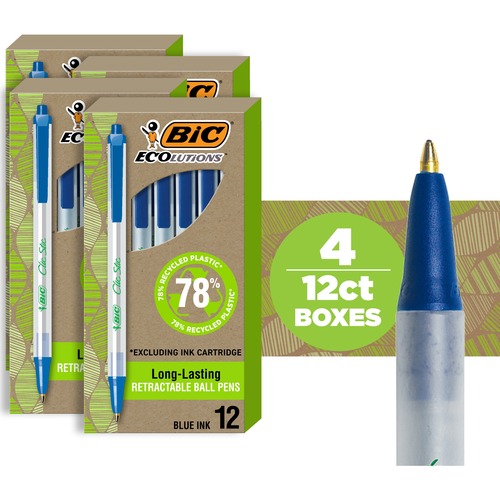 BIC Ecolutions Clic Stic Ballpoint Pen - 1 mm Medium Pen Point - Retractable - Blue Ink - Semi Clear Barrel - 48 / Pack