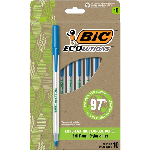 BIC Ecolutions Round Stic Ball Point Pen - 1 mm Medium Pen Point - Blue Ink - Semi-transparent Barrel - 10 / Pack