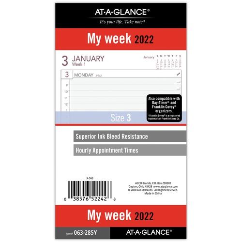 At-A-Glance Planner Refill - Weekly - 12 Month - 2022 - December 2022 - 8:00 AM to 5:00 PM - Hourly, 8:00 AM to 5:00 PM - Monday - Friday - White Sheet - 6 x Holes - Paper - 6.8" Height x 3.8" Width - Notes Area, Pre-punched, Bleed Resistant Paper - 1 Eac