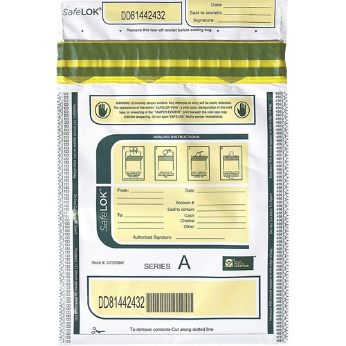 ControlTek SafeLOK Tamper-Evident Deposit Bags - 9" Width x 12" Length - Seal Closure - White - 100/Pack - Deposit, Cash, Note, Bill