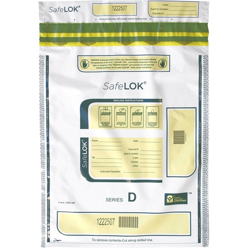 ControlTek SafeLOK Tamper-Evident Deposit Bags - 12" Width x 16" Length - Seal Closure - White - 100/Pack - Cash, Deposit, Note, Bill