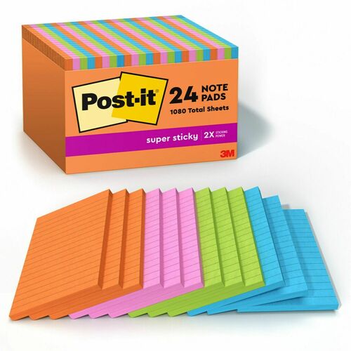 Post-it® Super Sticky Notes - Energy Boost Color Collection - 4" x 6" - Rectangle - 45 Sheets per Pad - Vital Orange, Tropical Pink, Blue Paradise, Limeade - Sticky - 24 / Pack - Adhesive Note Pads - MMM66024SSAUCP