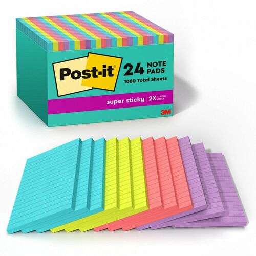 Post-it® Super Sticky Notes - Supernova Neons Color Collection - 4" x 6" - Rectangle - 45 Sheets per Pad - Blue, Green, Pink, Lilac - Sticky - 24 / Pack - Adhesive Note Pads - MMM66024SSMIACP