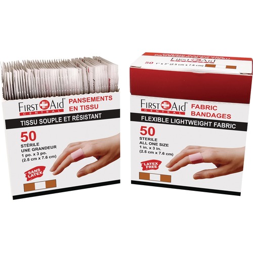 First Aid Central Fabric Adhesive Bandages (1"x3") - 1" (25.40 mm) x 3" (76.20 mm) - 50/Pack - Fabric - Bandages & Wraps - FXX500118