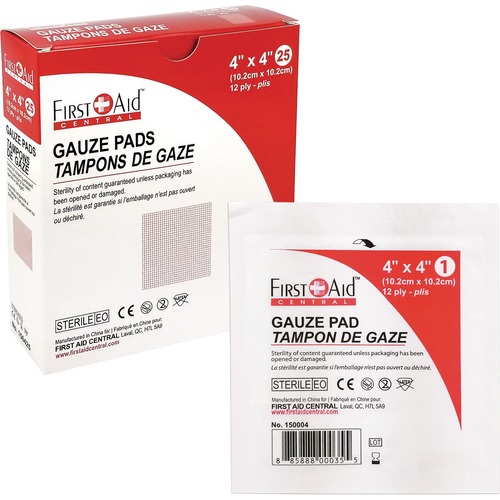 First Aid Central Sterile Gauze Pads, 12ply (4"x4") - 4" (101.60 mm) x 4" (101.60 mm) - 25/Pack