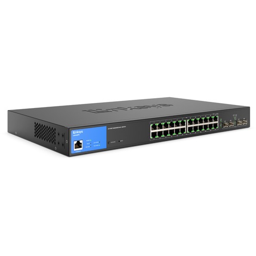 Linksys 24-Port Managed Gigabit PoE+ Switch with 4 1G SFP Uplinks - 24 Ports - Manageable - Gigabit Ethernet - 1000Base-T, 1000Base-X - TAA Compliant - 2 Layer Supported - Modular - 4 SFP Slots - 305.24 W Power Consumption - 250 W PoE Budget - Optical Fib