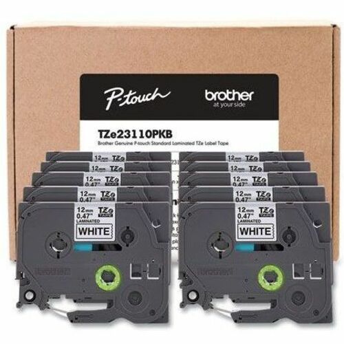 Brother TZe Label Tape - Rectangle - Thermal Transfer - Black on White - Water Resistant - Laminated - 10 Cassette